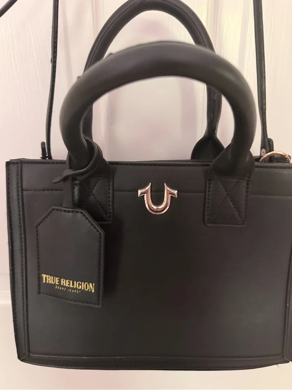 True Religion Black Mini Satchel with Top Handles and Crossbody Strap